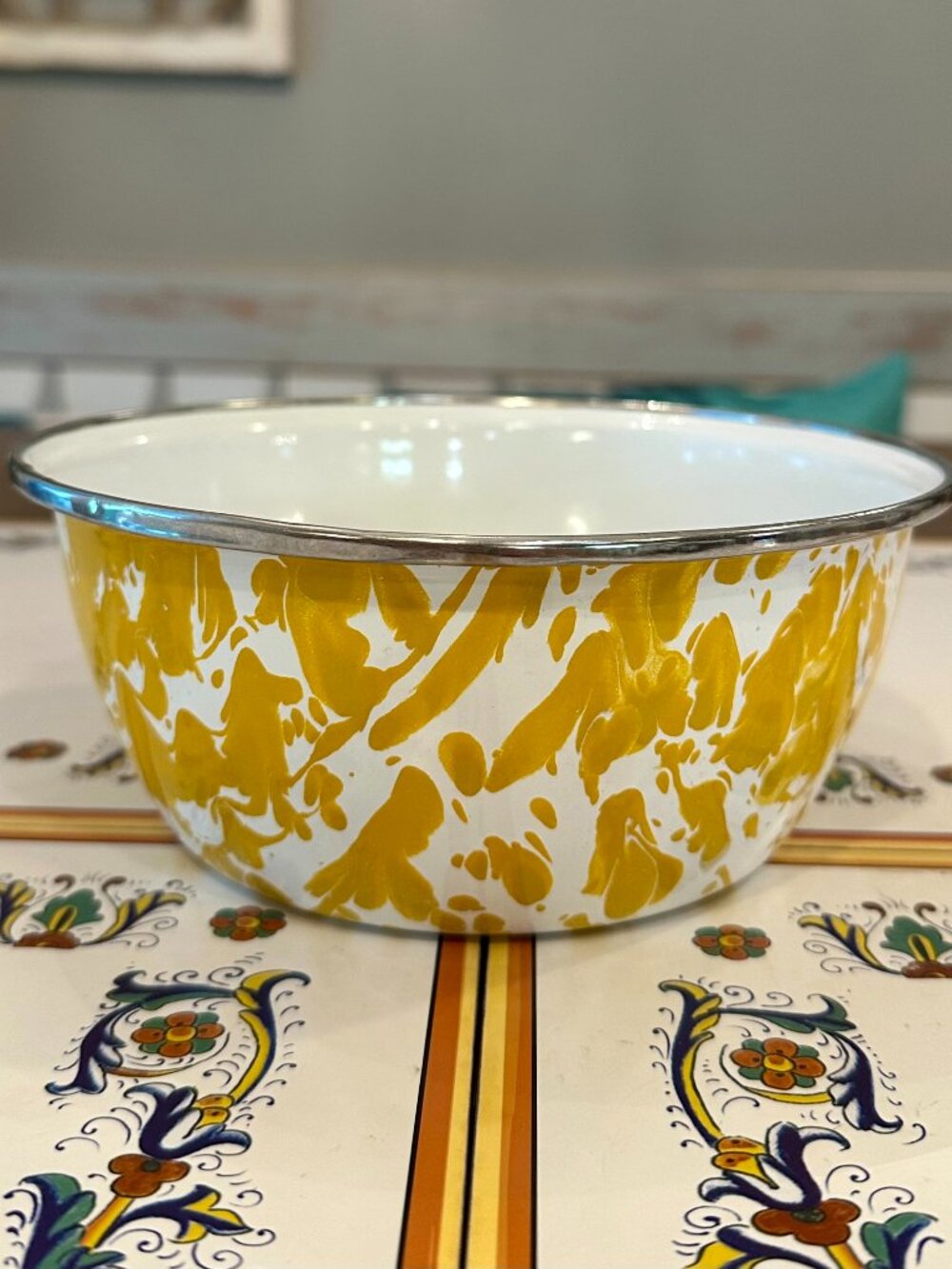 vintage yellow enamelware bowl